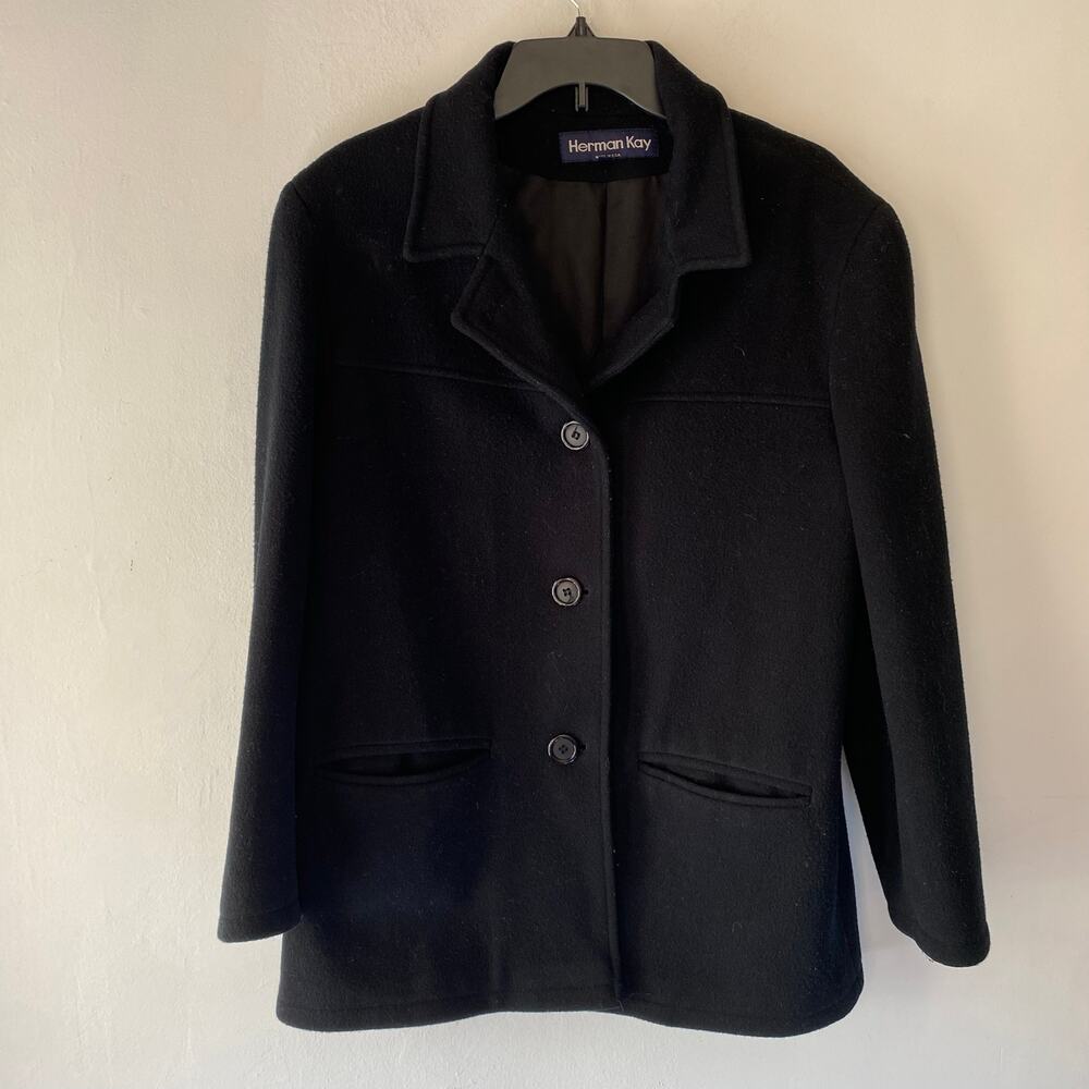 VTG Womans Herman Kay Wool Peacoat Overcoat SZ L Warm Lined Goth‎ Punk Academia